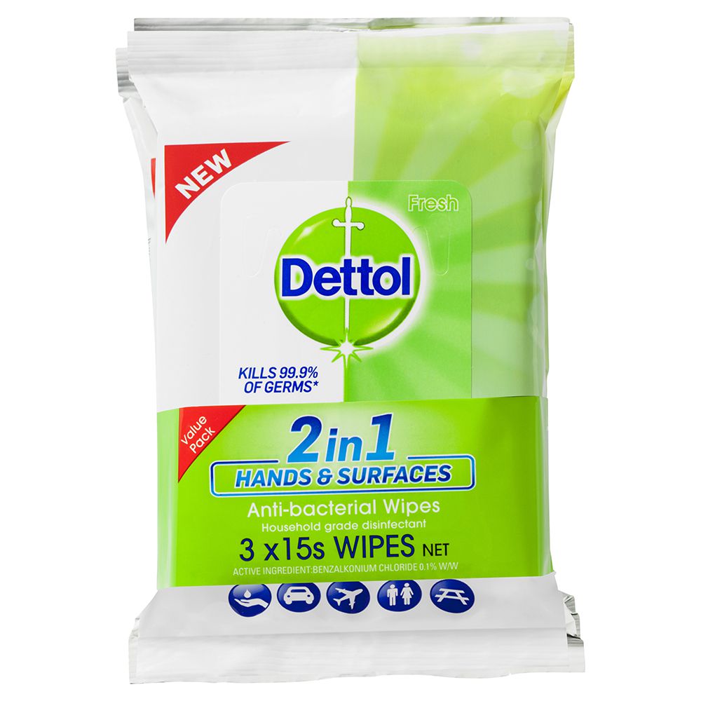 Dettol 2 in 1 Hands & Surfaces Antibacterial Wipes 3 x 15 Pack